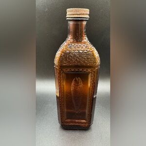 McKesson's Cod Liver Oil Brown Glass Bottle Embossed Fish Owens-Illinois 9" Tall